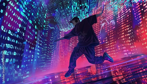 Illustrate an electric krump dancer amidst holographic projections of binary code against a backdrop of neon-lit skyscrapers using dynamic low-angle framing photo