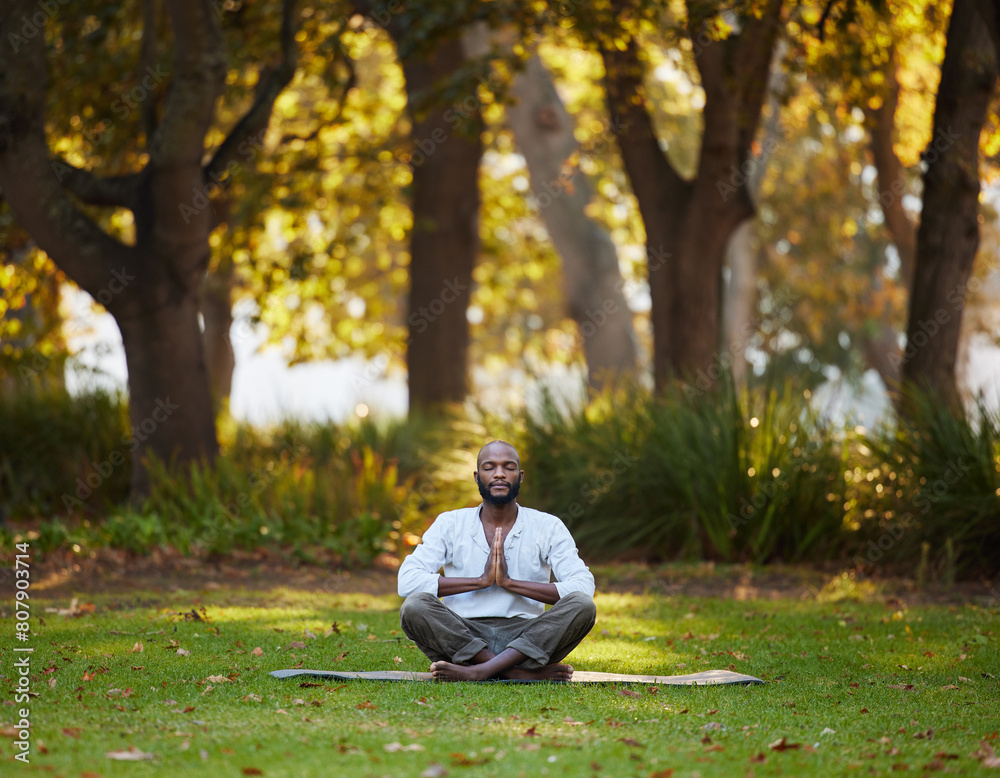 Obraz premium Black man, meditate and yoga in park for fitness, zen and mindfulness outdoor with health, wellness and calm. Spiritual, balance and holistic healing for aura or soul, energy and peace in nature