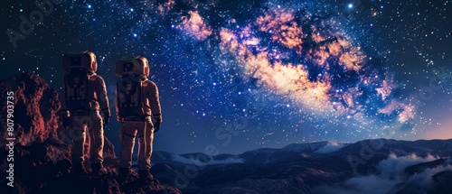 Wallpaper Mural The Milky Way Galaxy is seen below. Two astronauts in space suits sit on the alien planet, looking up at the stars. Conceptual image of space travel and extraterrestrial colonization. Torontodigital.ca