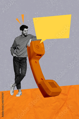 Trend artwork sketch image composite 3D photo collage of handsome guy man stand at huge landline phone call speek cloud textbox bubble photo