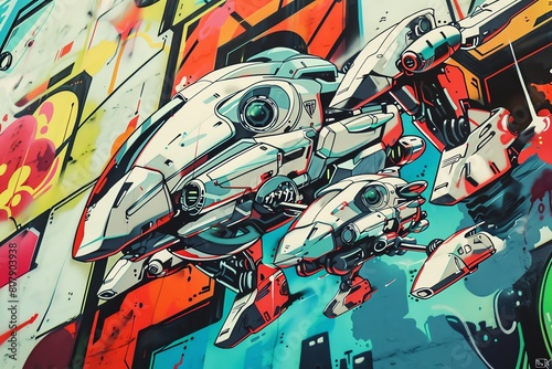 Imagine a close-up shot of sleek aerial robots flying above a vibrant street art mural, capturing the intricate details of their mechanical design against the colorful backdrop