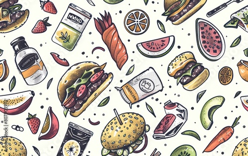 food cuisine doodles of sushi tacos  vegan burgers and artisanal cocktails