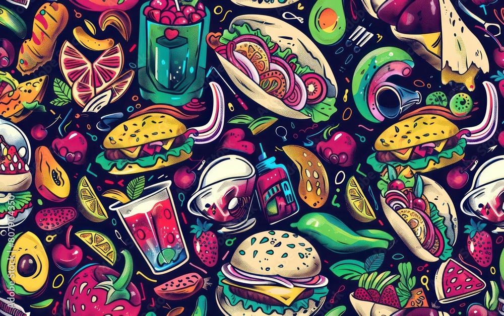 food cuisine doodles of sushi tacos, vegan burgers and artisanal cocktails