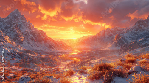 Majestic sunset over snow-covered mountains and fiery sky