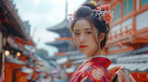 A young woman in a red kimono wears traditional clothing for the New Year's event. In Kyoto, local Japanese culture © เลิศลักษณ์ ทิพชัย