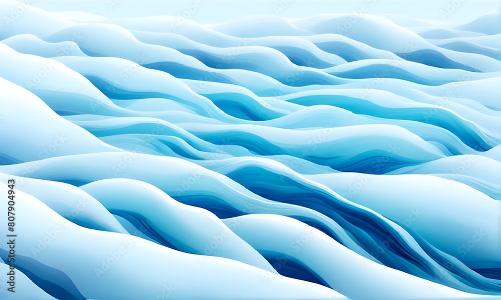 Fototapeta premium Water snow wavy abstract isolated background for copy space text. Blue frozen ocean flowing motion. Watercolor effect snow storm backdrop. Snowy holiday travel winter cartoon