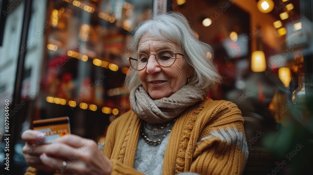 An elderly woman confidently using a credit card to make an online payment. It uses advanced anti-fraud measures to secure transactions.