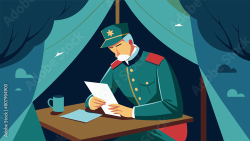A stoic general sits in his command tent writing down his musings on the ethics of war and the role of duty in a soldiers life.. Vector illustration