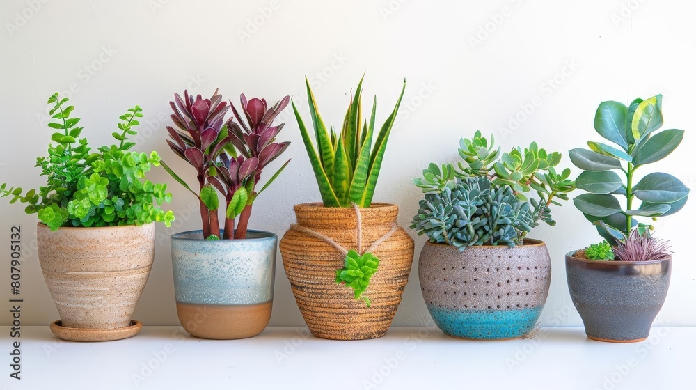 decorative plants with rustic vibes, including green plants in brown and blue vases, displayed on a transparent background against a white wall