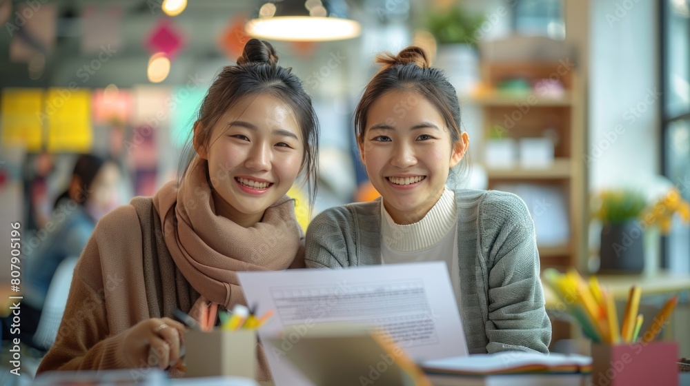 Two young Asian women are doing lively consulting and analysis work in the office to refine marketing and investment plans for pitching new startup project ideas.