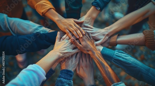 Teamwork and collaboration A new generation of business people gather together Holding hands in close-up top view It is a symbol of unity and harmony in the pursuit of a shared goal. photo