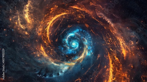 A whirlpool of blue and orange stardust and gas in the cosmos.