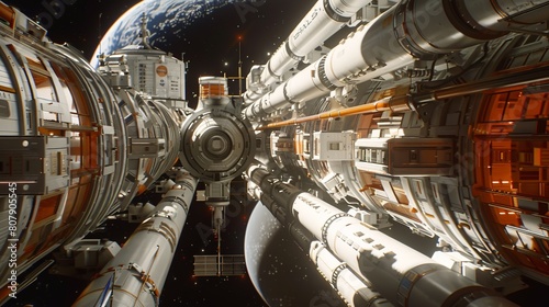 a space dock view of space , white and orange color scheme