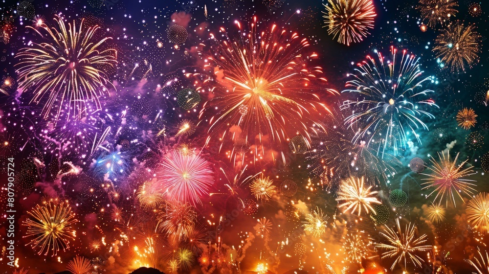 A crowd of people gathered together, looking up at colorful fireworks bursting in the night sky