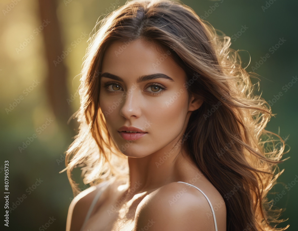 Naklejka premium Primo piano di una donna con capelli castani ricci e occhi scuri. 