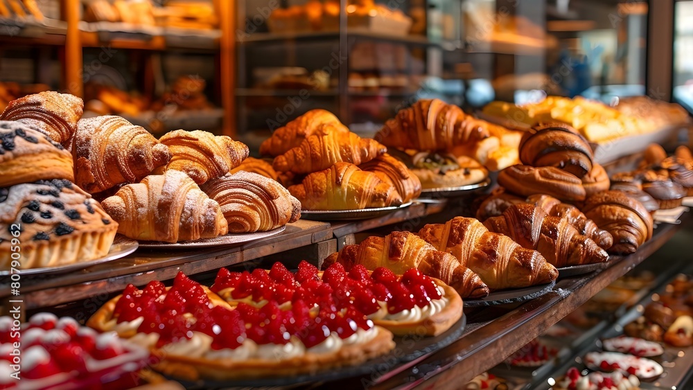 Delicious Pastries Adorn a Bakery Interior. Concept Bakery Interior, Delicious Pastries, Sweet Treats, Tempting Display Delicious Pastries Adorn a Bakery Interior. Concept Bakery Interior, Delicious Pastries, Sweet Treats, Tempting Display