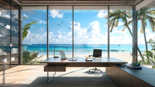Beautiful interior of modern beach house with open office area, white wooden floorboards, large windows overlooking the sea