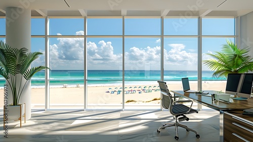Beautiful interior of modern beach house with open office area, white wooden floorboards, large windows overlooking the sea
