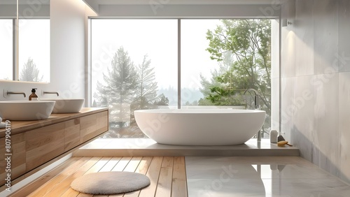 Contemporary Bathroom with White Bathtub, Double Sinks, Panoramic Window, and Minimalist Design. Concept Contemporary Bathroom, White Bathtub, Double Sinks, Panoramic Window, Minimalist Design photo