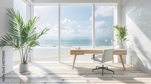 Beautiful interior of modern beach house with open office area  white wooden floorboards  large windows overlooking the sea