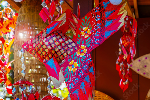 A school of Thai traditional colorful  mobile woven carp