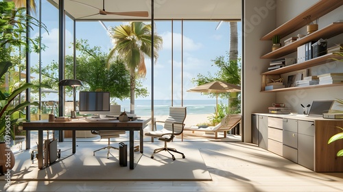 Beautiful interior of modern beach house with open office area, white wooden floorboards, large windows overlooking the sea