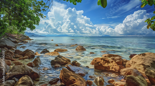 Beautiful beach with rocks on Praslin island, Seychelles. In the style of Angie Fuser, transparent water, blue sky and white clouds, blue sea photo