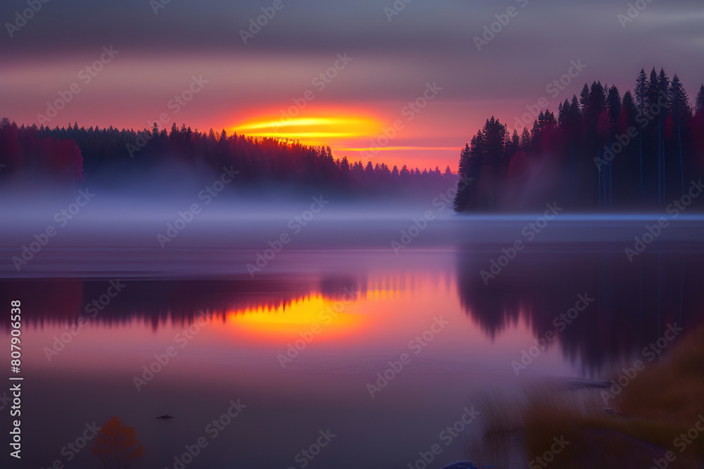 Fototapeta premium dawn in the fog over the birches in the swamp, Ai generated