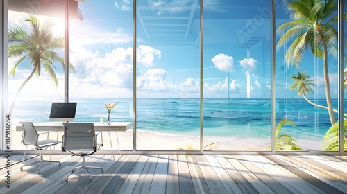 Beautiful interior of modern beach house with open office area, white wooden floorboards, large windows overlooking the sea