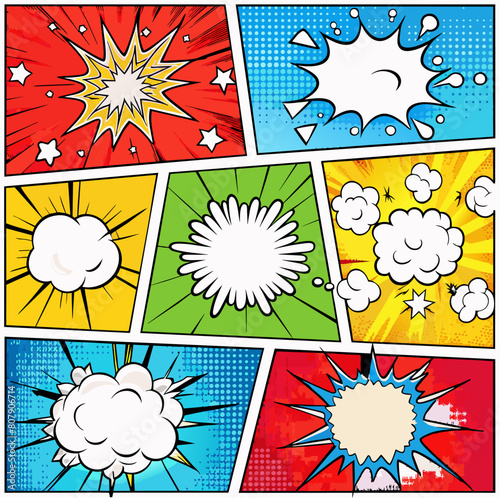 Adobe IllustComic sound effects in frames. Cartoon comic book page, grid frame, cloud and explosion with text. Color style with speech bubble, pow, zoom, wow sounds. Vector layout rator Artwork