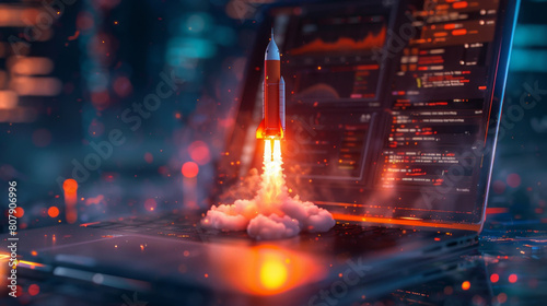 Hologram of rocket launching from laptop symbolizes startup's rapid growth and ambitious launch. © ChubbyCat