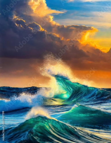 Dreamlike illustration of beautiful sunset on the sea with huge waves and reflections	