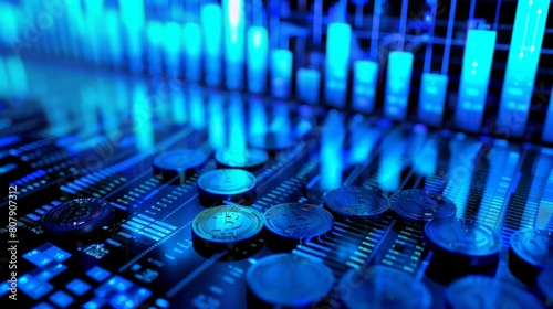 Blue glowing circuit board with Bitcoin.