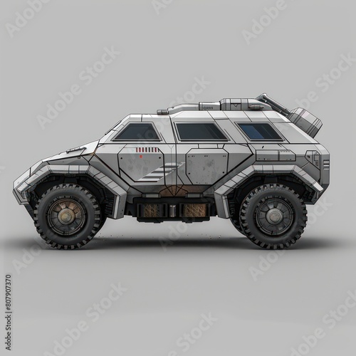 futuristic vehicle with rounded edges and sleek black bodywork  equipped for off-road terrain