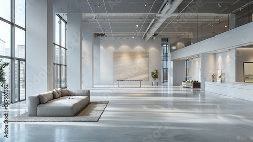 Sleek  empty showroom with minimalist furniture and high ceilings in 3D render