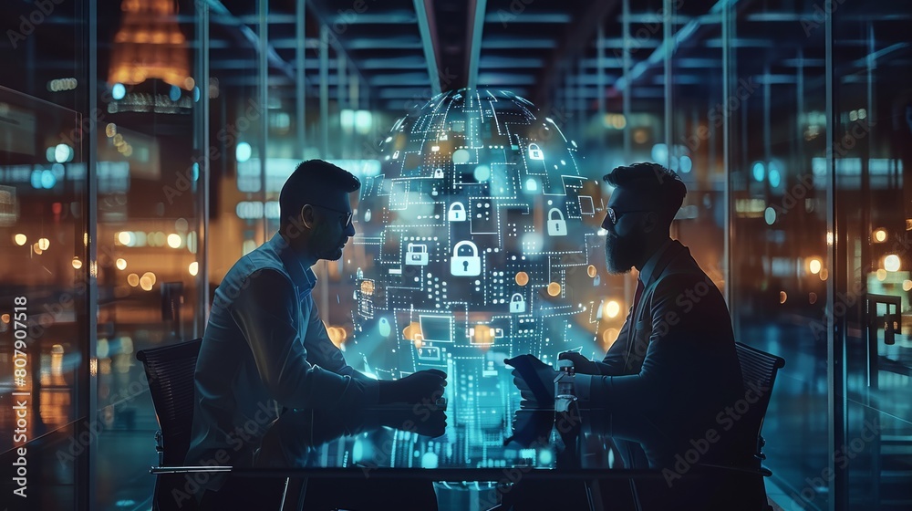Two colleagues working together to protect clients confidential information and cyber security. IT hologram padlock icons modern office background at night time. Generative AI.