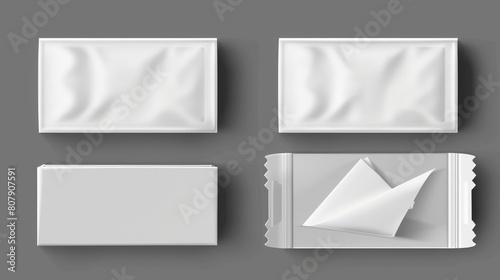 Plastic package template for wet wipes, antibacterial napkins, toilet tissue. Blank white box front and angle view. 3D modern mockup of a realistic foil bag. photo