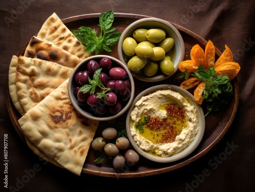 Mediterranean Appetizers Platter with Hummus, Olives, and Pita Bread