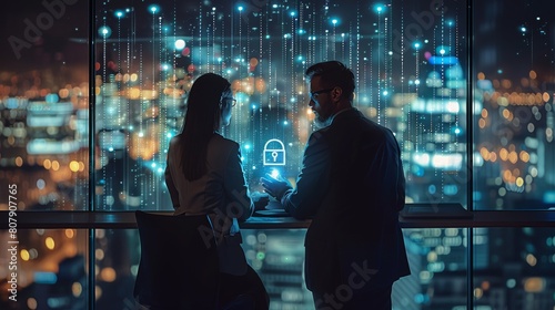 Two colleagues working together to protect clients confidential information and cyber security. IT hologram padlock icons modern office background at night time. Generative AI.