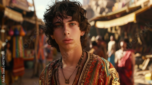 Young man in vibrant market setting looking thoughtfully away