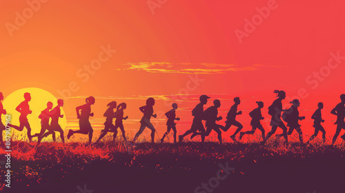Runners from different backgrounds and abilities joining together in a dawn marathon, their silhouettes stretching across the horizon, representing inclusivity and solidarity in sport.