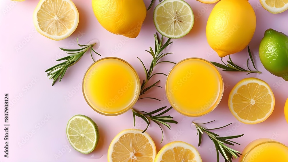 Top view of citrus juices with lemons and limes on pink background. Concept Food Photography, Citrus Juices, Top View, Pink Background, Lemons and Limes Top view of citrus juices with lemons and limes on pink background. Concept Food Photography, Citrus Juices, Top View, Pink Background, Lemons and Limes