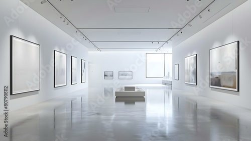 Modern art gallery with white walls track lighting and minimalistic display. Concept Art Gallery, White Walls, Track Lighting, Minimalistic Display, Contemporary Art