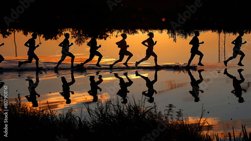 Runners from different backgrounds and abilities joining together in a dawn marathon  their silhouettes stretching across the horizon  representing inclusivity and solidarity in sport.