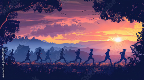 Runners from different backgrounds and abilities joining together in a dawn marathon, their silhouettes stretching across the horizon, representing inclusivity and solidarity in sport. photo