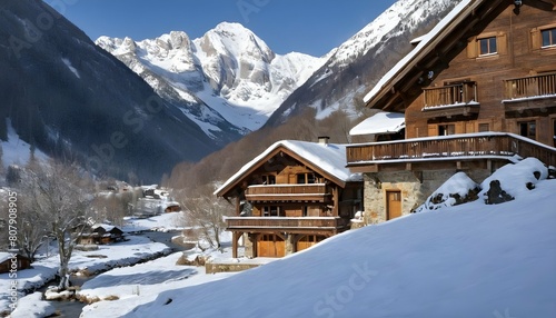 A picturesque mountain chalet nestled in a snowy v upscaled 3