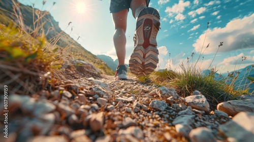 POV of a man trail running on a mountain trail photo