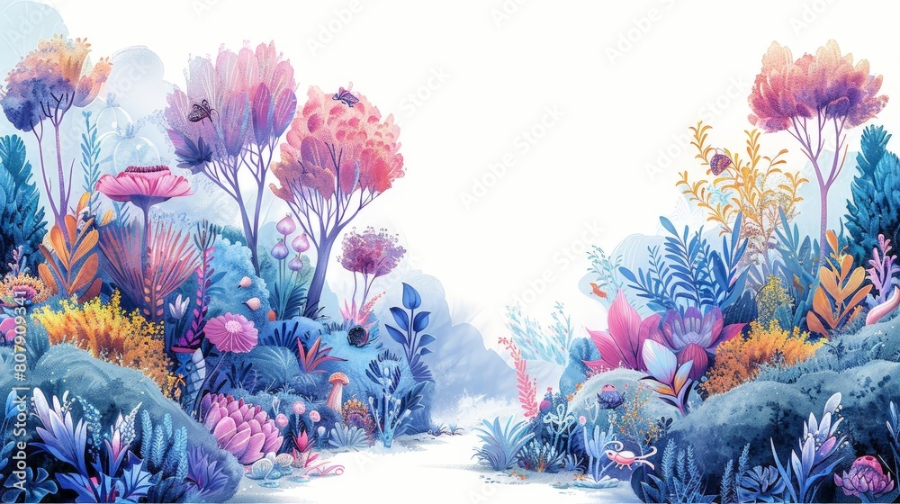 fantasy garden illustration featuring a variety of colorful flowers, including purple, pink, and orange blooms, set against a white sky