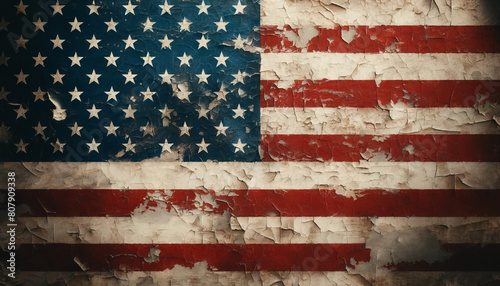 A distressed and vintage version of the United States flag. The flag has a worn texture, with faded colors and peeling paint effects across its red