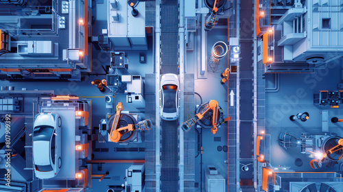 a bustling automotive manufacturing plant, with assembly lines humming with activity as robotic arms weld and paint car bodies, illustrating the precision and automation of modern production. photo
